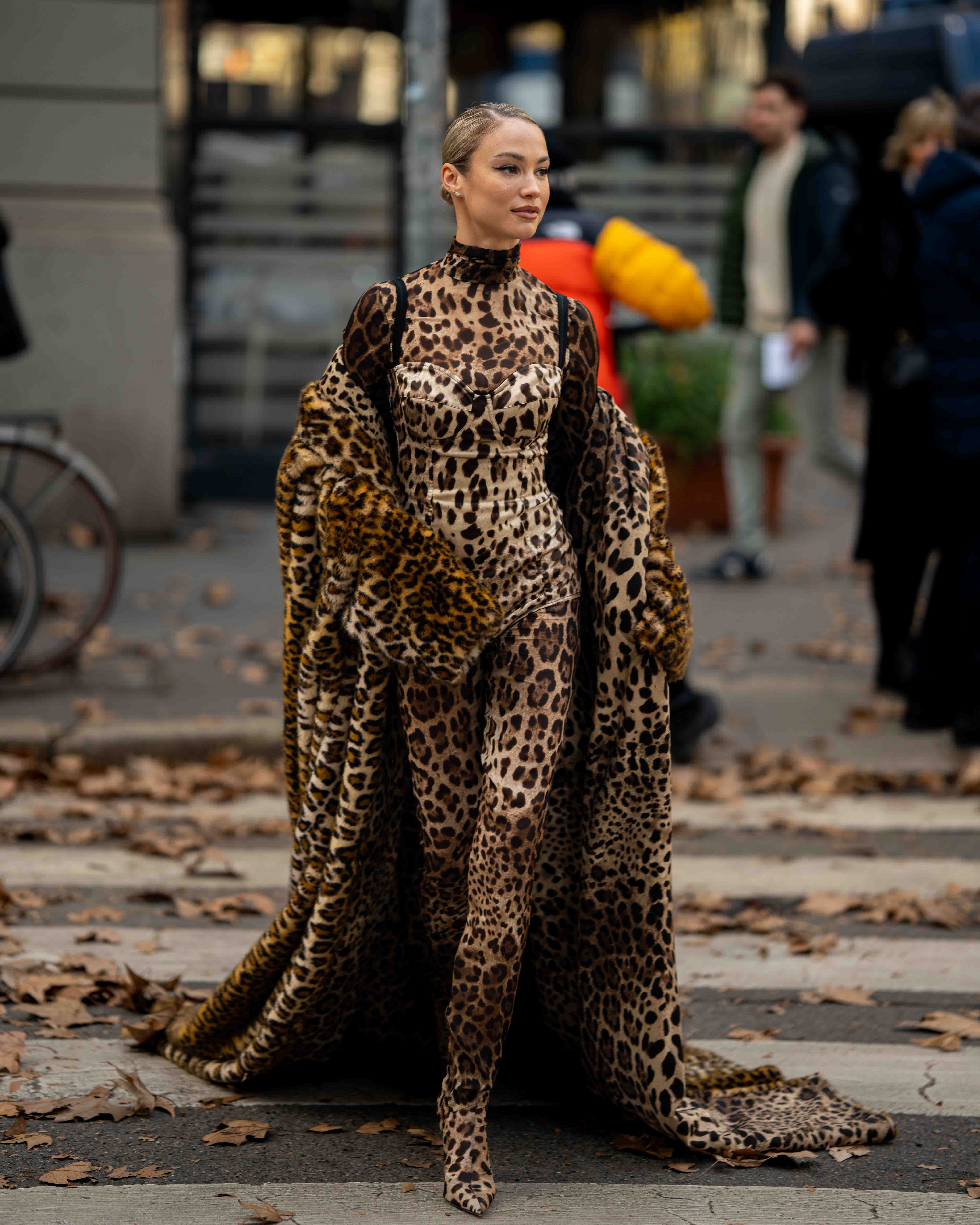 Rose Bertram Leopard Skin Street Style After Dolce & Gabbana FW23-24 Milan Fashion Week
