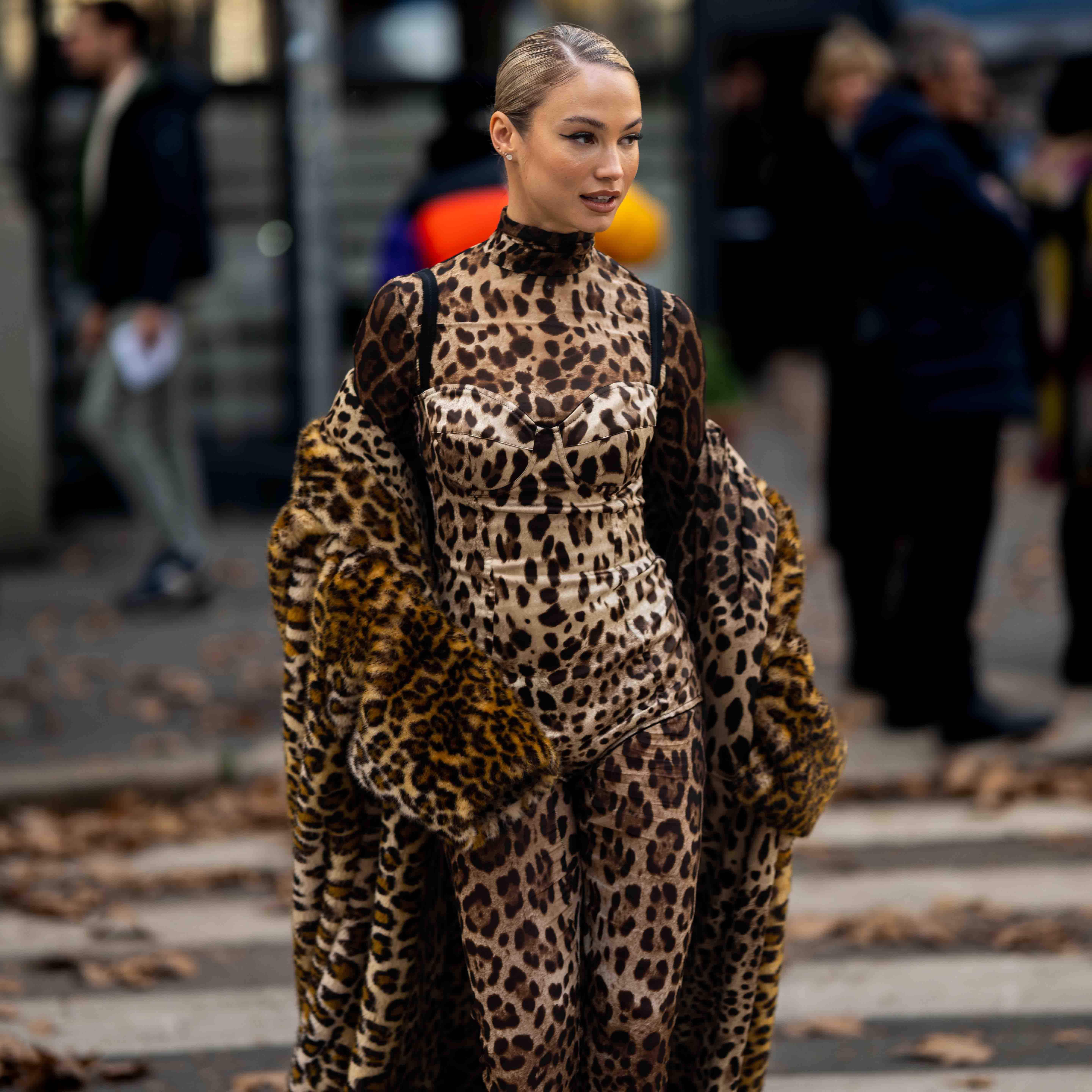 Rose Bertram Leopard Skin Street Style After Dolce & Gabbana FW23-24 Milan Fashion Week