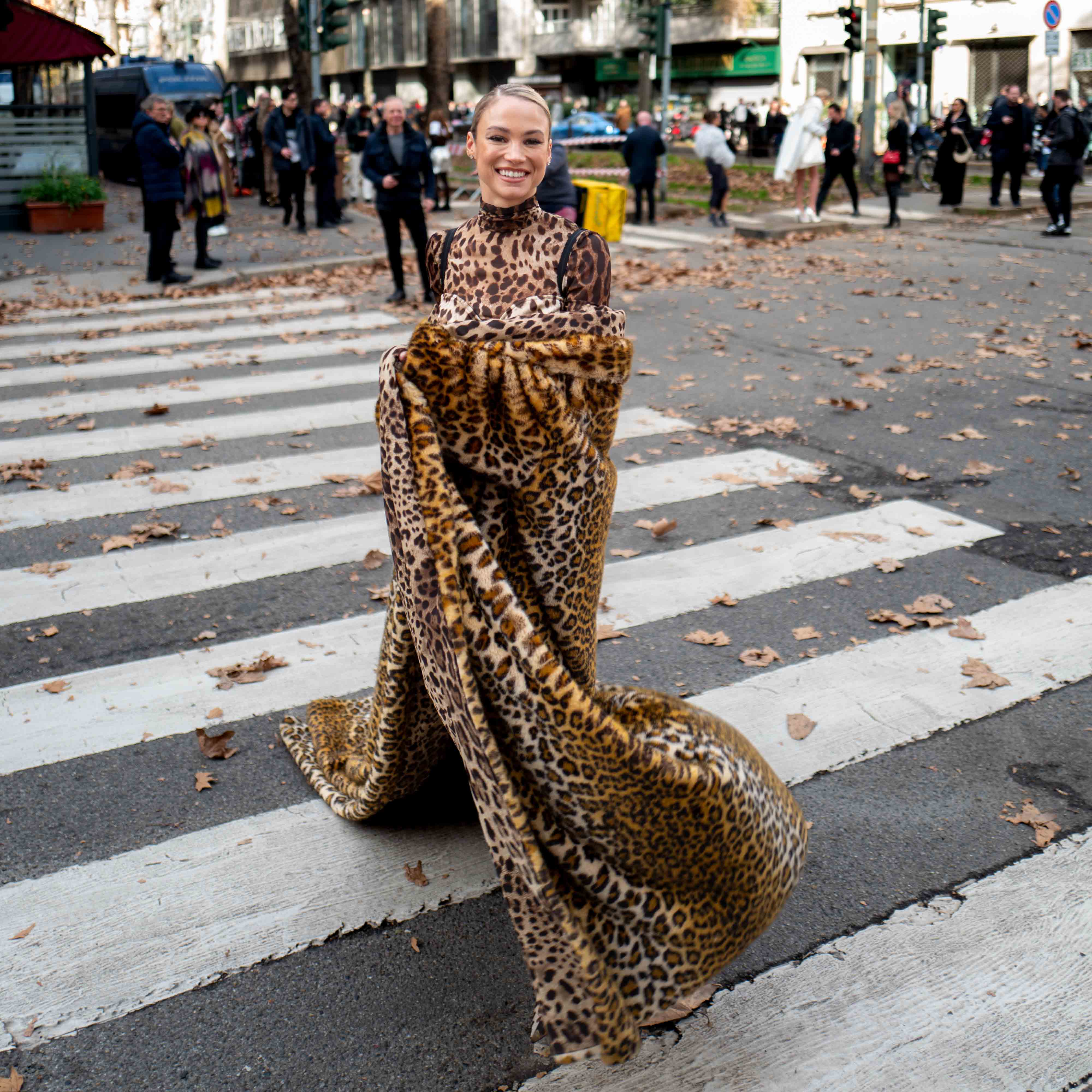 Rose Bertram Leopard Skin Street Style After Dolce & Gabbana FW23-24 Milan Fashion Week