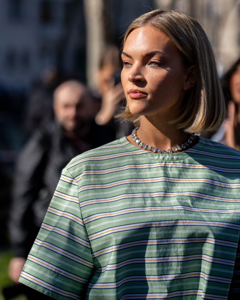 Emilia Silberg street style at Rabanne FW25 show during Paris Fashion Week